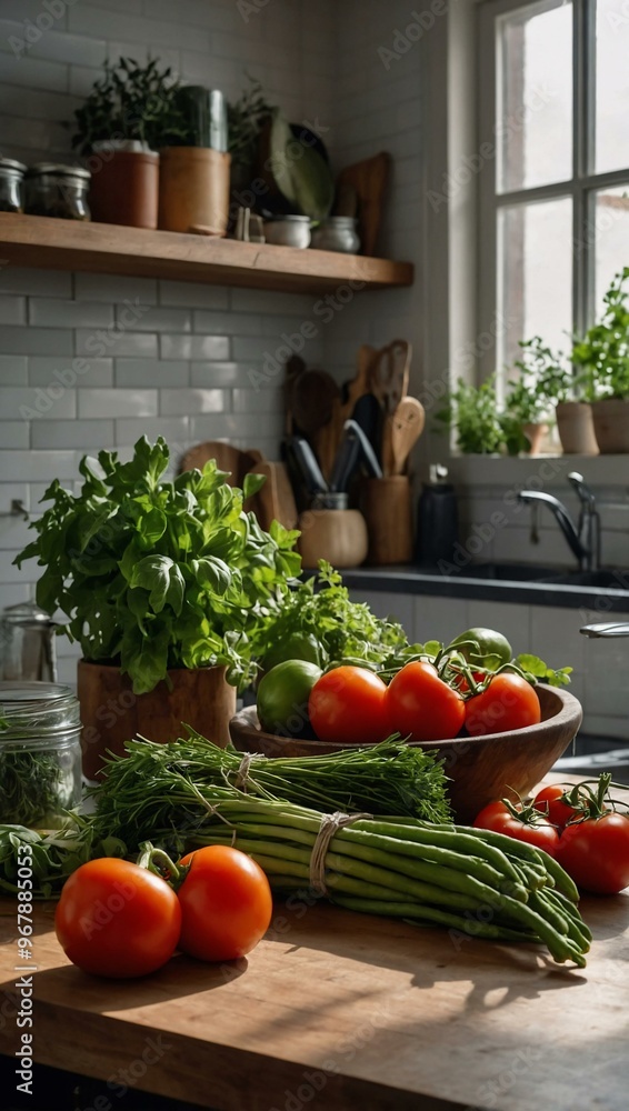 Fresh herbs and vegetables on a bright kitchen counter with a cutting board. Fresh herbs and vegetables on a bright kitchen counter with a cutting board.