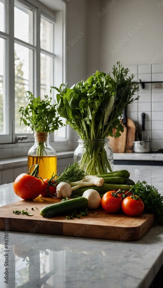 Fresh herbs and vegetables on a bright kitchen counter with a cutting board. Fresh herbs and vegetables on a bright kitchen counter with a cutting board.
