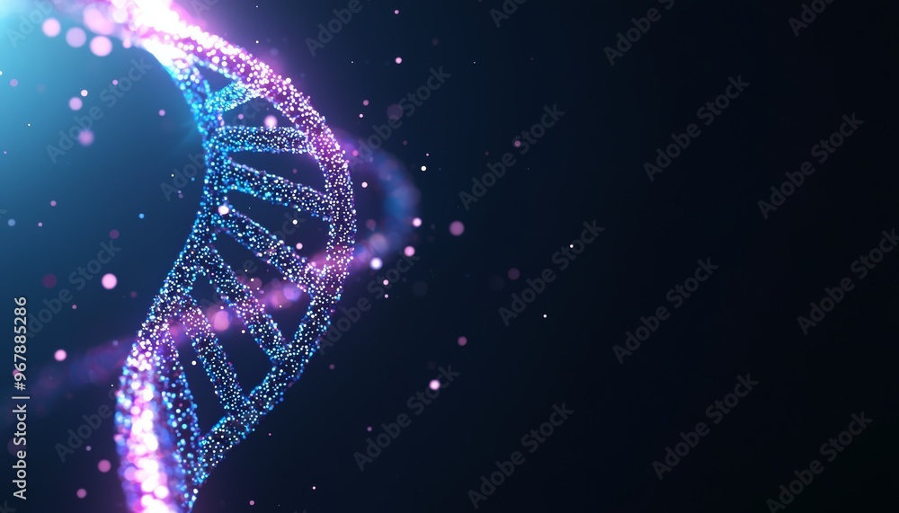 A highly detailed double helix of DNA, glowing with soft blue and purple light, floating in a vast dark space, with small particles of light gently surrounding it A highly detailed double helix of DNA, glowing with soft blue and purple light, floating in a vast dark space, with small particles of light gently surrounding it