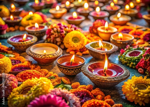 Vibrant rows of colorful diyas adorned with flowers and lanterns illuminate a festive atmosphere, symbolizing joy and photo