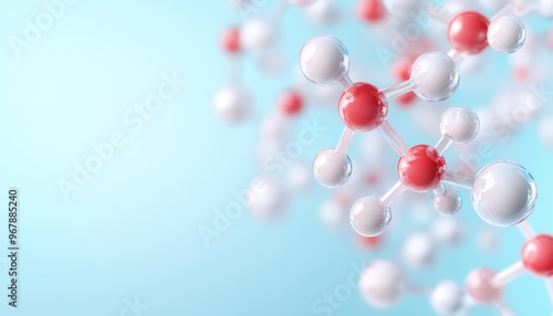 A highly detailed 3D rendering of a molecular structure, with translucent spheres and connecting bonds, floating in a soft, blurred background, representing scientific research and innovation