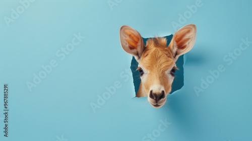 cute eohippus peeking through a hole in a blue paper wall photo