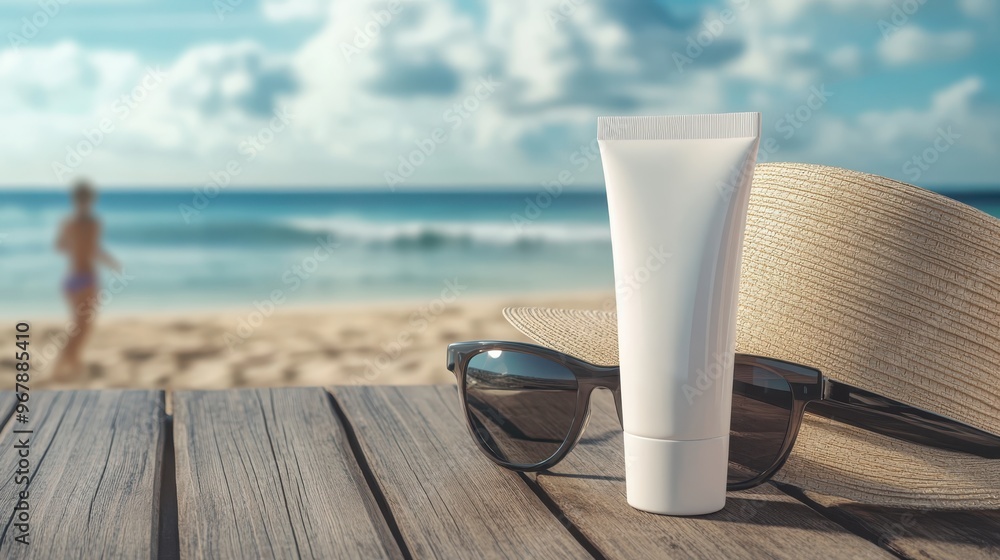 White blank sunscreen tube on wooden table,light from the sun,dim Women in swimsuit runing on the beach background White blank sunscreen tube on wooden table,light from the sun,dim Women in swimsuit runing on the beach background