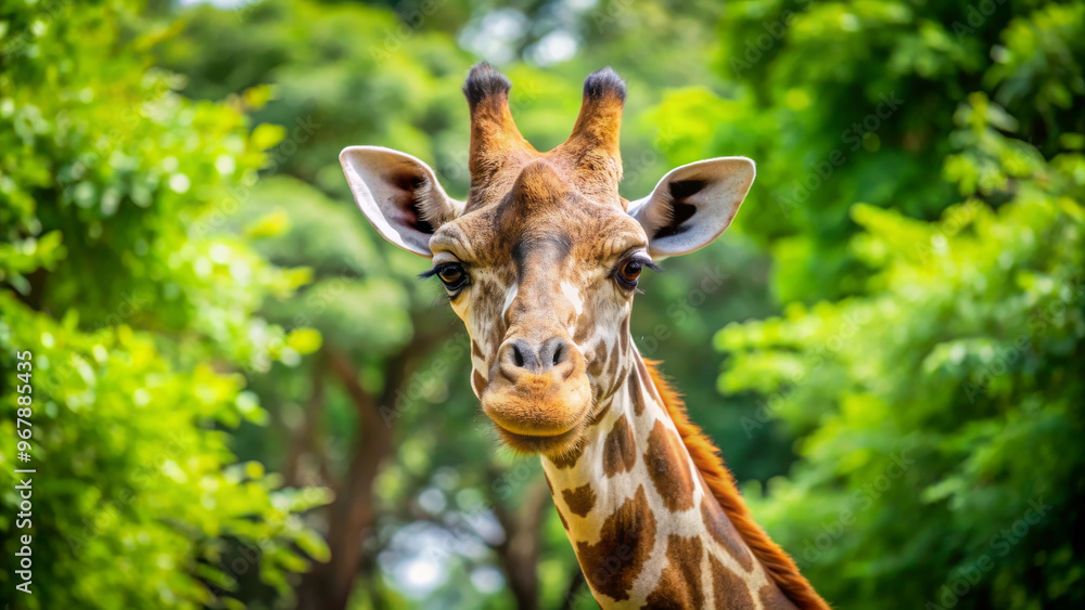 A close up of giraffe showcasing its unique features amidst lush green trees, evoking sense of wonder and connection with nature