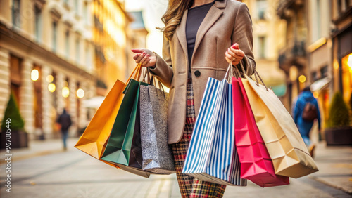 A woman is joyfully holding multiple shopping bags while walking through vibrant city street, showcasing her stylish outfit and excitement of shopping