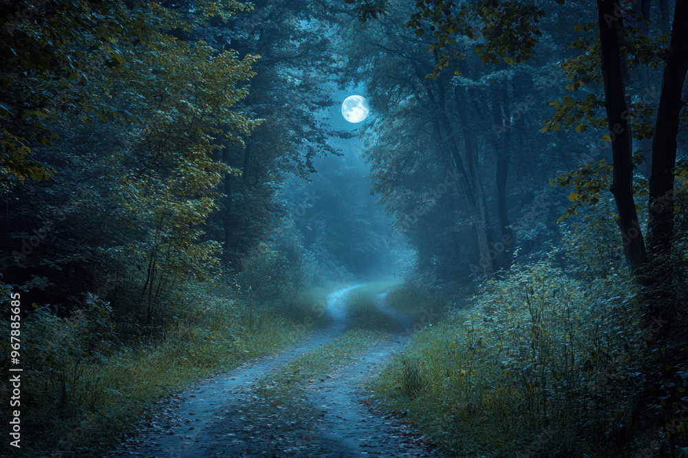 A moonlit path in forest creates an enchanting atmosphere, leading into mysterious unknown. serene blue tones and soft light evoke sense of calm and wonder A moonlit path in forest creates an enchanting atmosphere, leading into mysterious unknown. serene blue tones and soft light evoke sense of calm and wonder