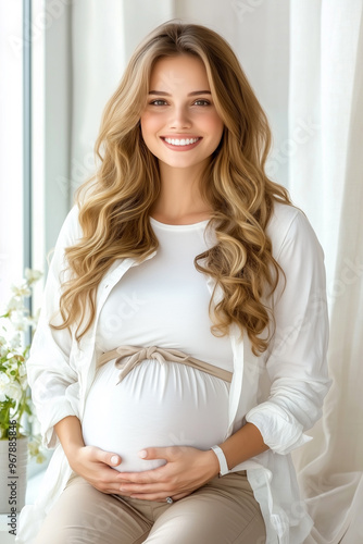 Free Download A beautiful Caucasian pregnant woman with long brown hair smiles at the camera, wearing a white top over a white blouse, sitting in front of white draperies and a white wall - GFXLoad