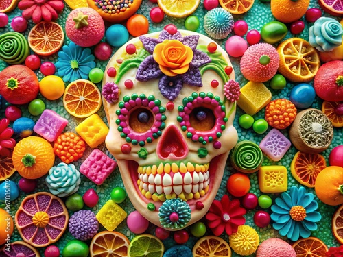 Vibrant sugar skull artwork featuring colorful candies, gummies, and sweets creatively arranged to form a festive and