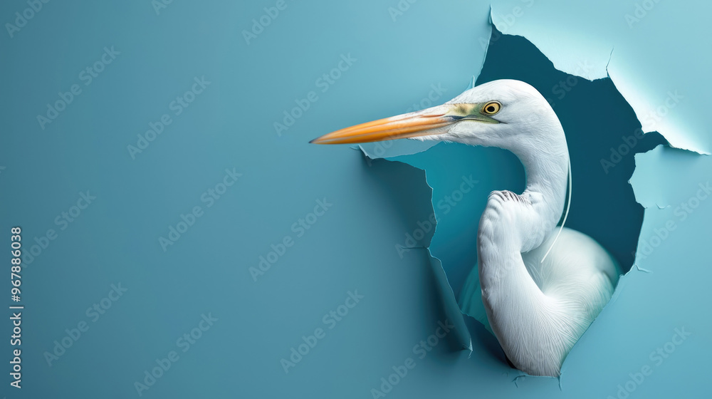 Fototapeta premium cute egret peeking through a hole in a blue paper wall