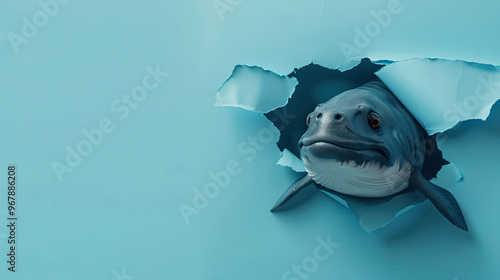 cute dunkleosteus peeking through a hole in a blue paper wall photo