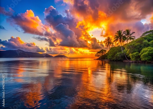 Vibrant sunset casts a warm glow over the tranquil waters of Trinity Bay, with the lush Daintree Rainforest photo