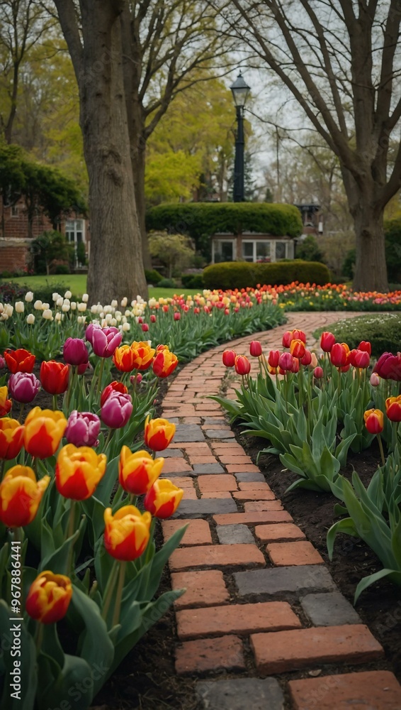 Garden with colorful tulips, a brick path, and trees in the background. Garden with colorful tulips, a brick path, and trees in the background.
