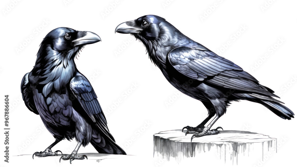 Fototapeta premium black raven in different poses on white background
