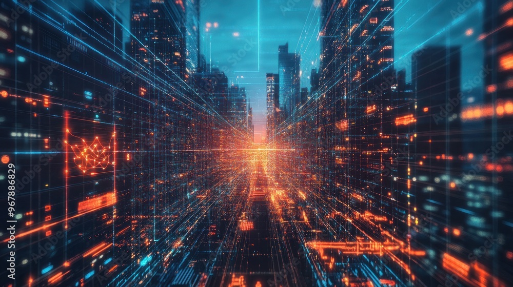 Obraz premium Abstract Cityscape with Intertwined Digital Lines