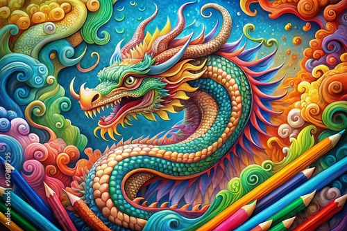 Vibrant, whimsical illustration of a majestic dragon surrounded by colorful swirling patterns, pencils, and paints,