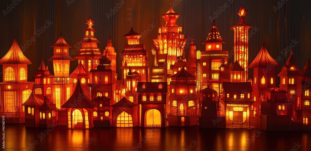 Enchanting Lantern Cityscape with Glowing Paper Buildings at Night Enchanting Lantern Cityscape with Glowing Paper Buildings at Night