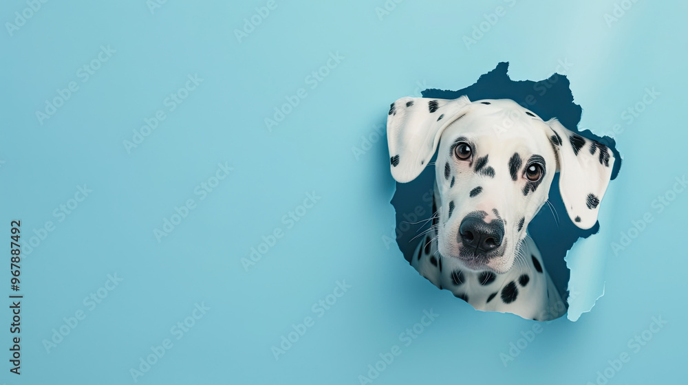 cute dalmatian peeking through a hole in a blue paper wall cute dalmatian peeking through a hole in a blue paper wall