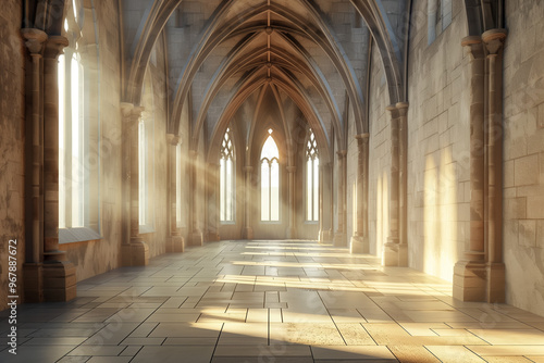 Interior of old gothic church with arched windows.