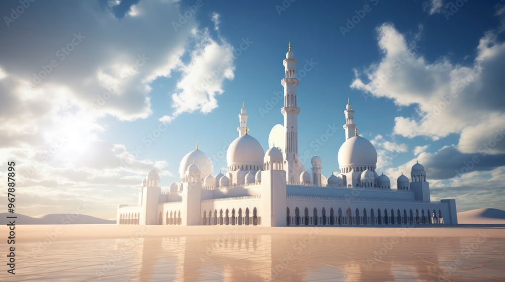 Obraz premium White mosque in the desert with blue sky behind