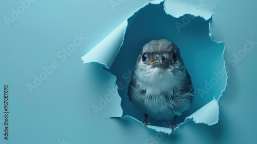 cute cryptoclidus peeking through a hole in a blue paper wall photo