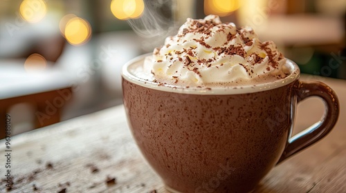 A steaming cup of hot chocolate topped with whipped cream and a sprinkle of cocoa.