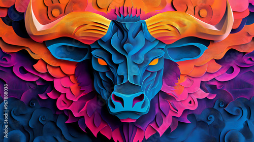 Paper cut style illustration minotaur colorful Minotaur. Illustration photo