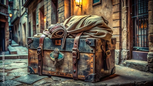 Vintage-style traveler's bindle with worn leather straps and faded fabric, adorned with rusty old badges, sitting on a photo