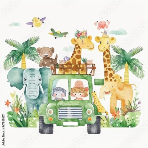 Watercolor illustration of a vibrant jungle scene with various animals and a jeep under lush palm trees