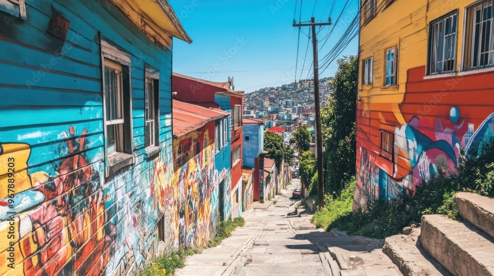 Fototapeta premium Colorful street in a vibrant urban setting with murals and scenic views.