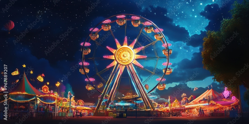 Magical Giant Mooncake Ferris Wheel Spinning under Starry Skies at Festive Fairground Magical Giant Mooncake Ferris Wheel Spinning under Starry Skies at Festive Fairground
