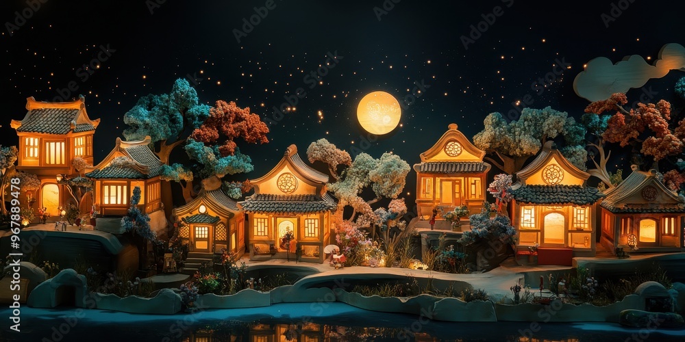 Fototapeta premium Enchanting Mooncake-Shaped Houses Illuminated in Festive Village Night Scene