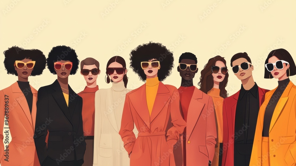 Diverse Group of Stylish Friends Posing in Trendy Outfits and Sunglasses Diverse Group of Stylish Friends Posing in Trendy Outfits and Sunglasses