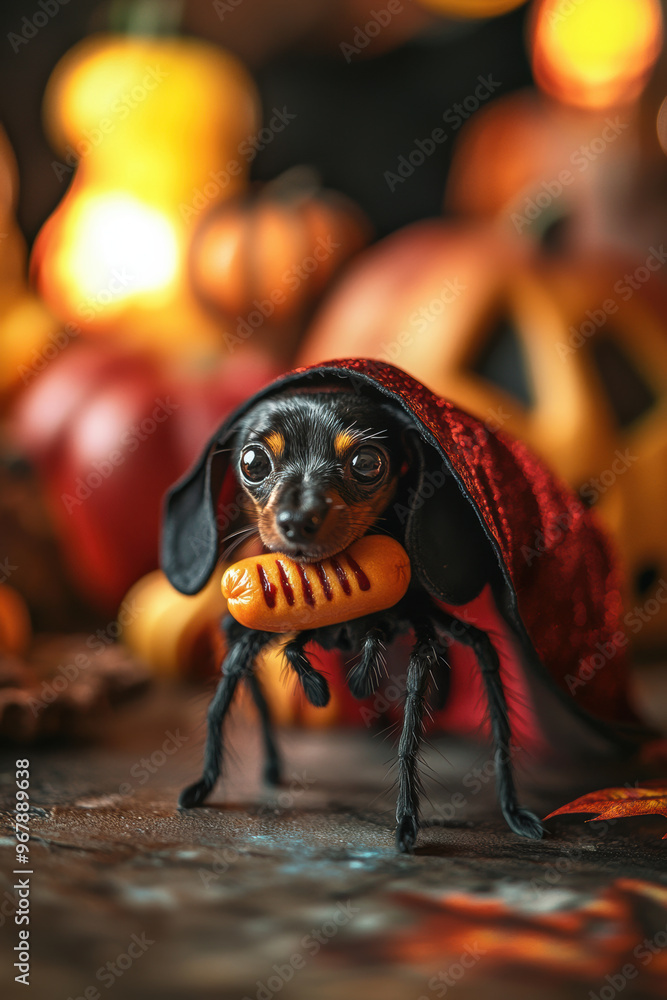 A small dog dressed in red cape holds sausage in its mouth, surrounded by autumn decorations like pumpkins and warm lights, creating festive and playful atmosphere A small dog dressed in red cape holds sausage in its mouth, surrounded by autumn decorations like pumpkins and warm lights, creating festive and playful atmosphere