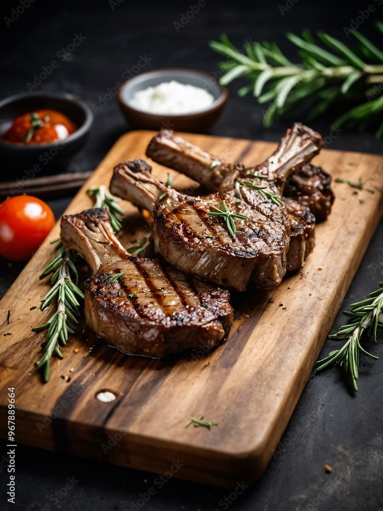 Grilled lamb chops with rosemary, served on a wooden board with vegetables. Grilled lamb chops with rosemary, served on a wooden board with vegetables.