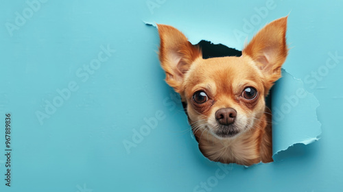 cute chihuahua peeking through a hole in a blue paper wall