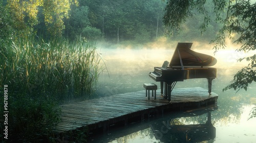 A tranquil lakeside scene at dawn, with a grand piano placed on a wooden deck extending over still, glass-like water. The soft light of the early morning 