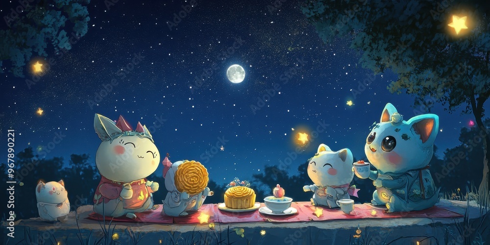 Obraz premium Whimsical Mooncake Characters Enjoying a Tea Party under the Starry Sky
