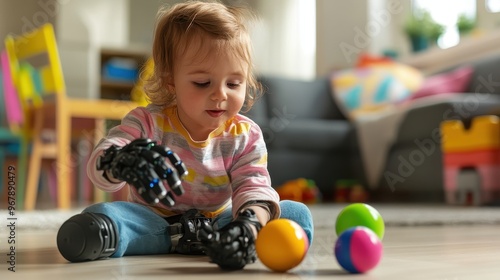 Brave Young Child Playing with Toy Ball Using Prosthetic Hand in Colorful Playroom