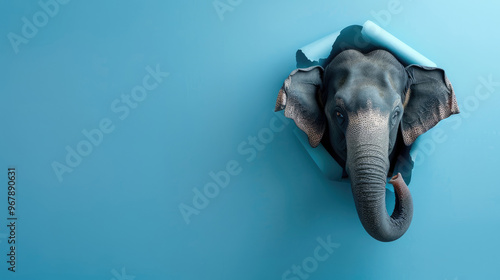 cute indian elephant peeking through a hole in a blue paper wall