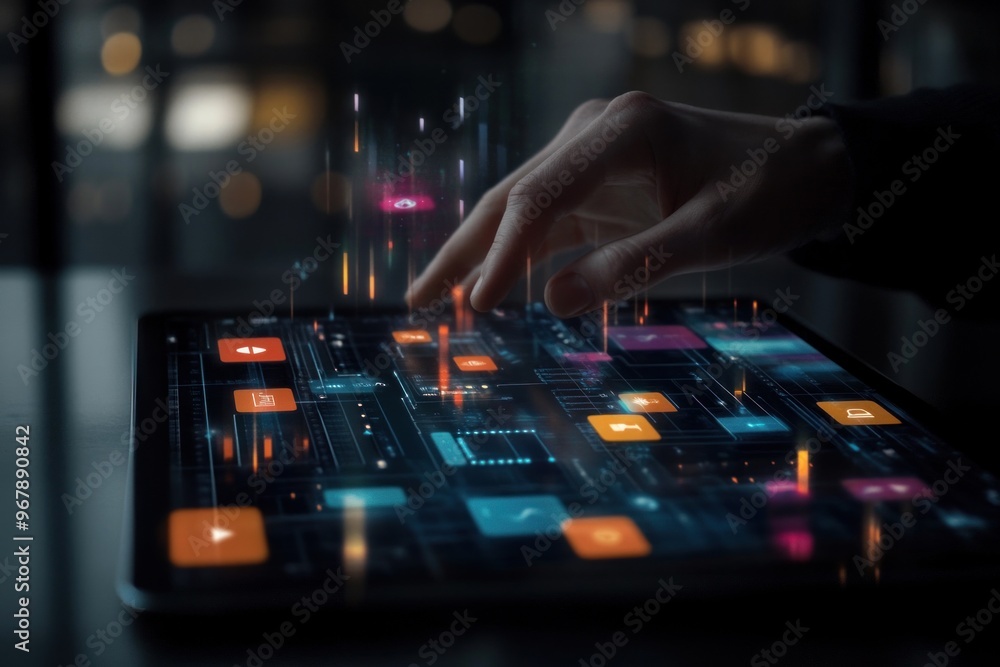 Hand Interacting with Digital Interface on a Tablet Hand Interacting with Digital Interface on a Tablet