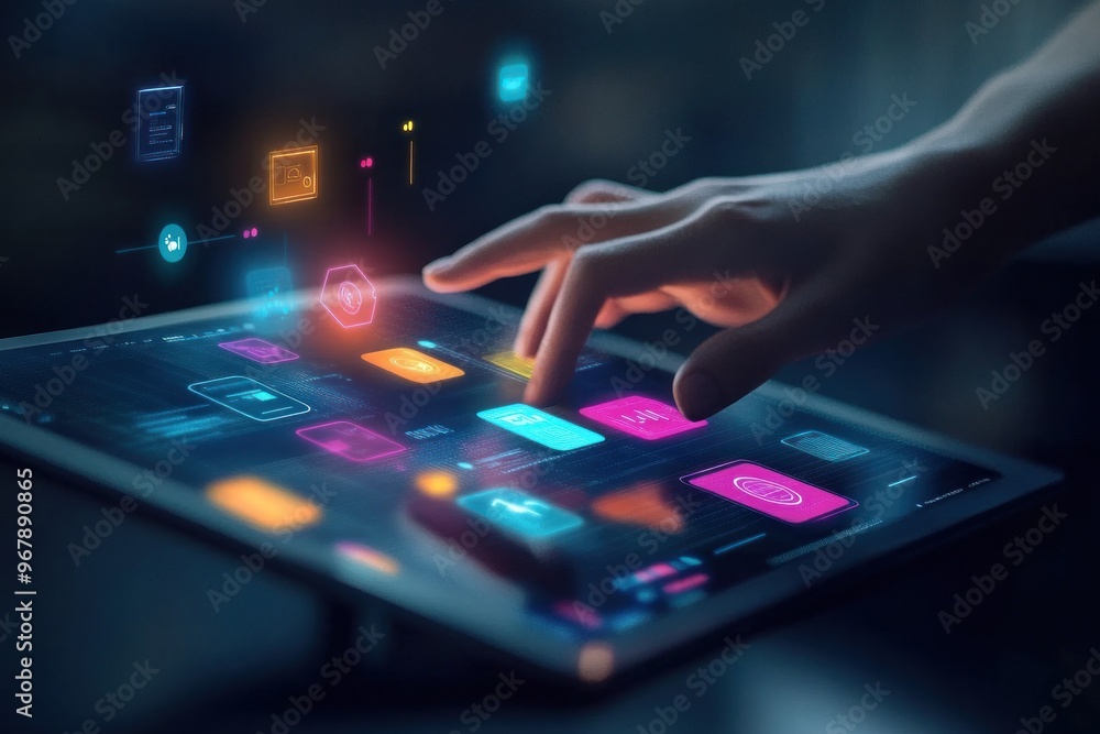 Hand Interacting with a Digital Tablet Display Hand Interacting with a Digital Tablet Display