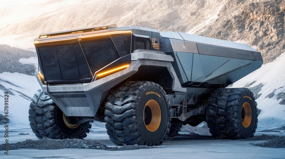 Futuristic Off-Road Truck in a Snowy Mountain Landscape Futuristic Off-Road Truck in a Snowy Mountain Landscape