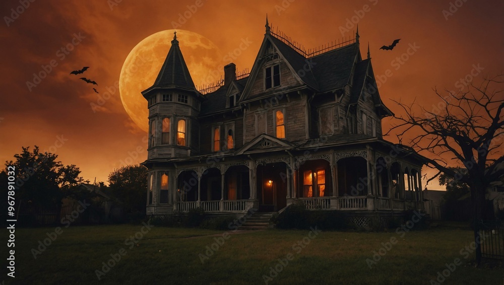 Halloween night scene featuring a haunted house with an orange sky backdrop. Halloween night scene featuring a haunted house with an orange sky backdrop.