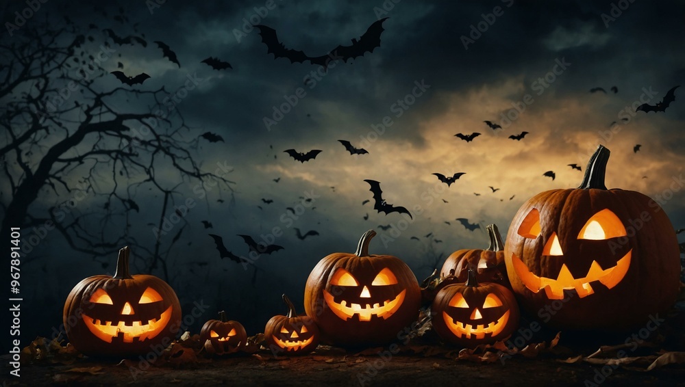 Halloween scene featuring flying bats and spooky carved pumpkins. Halloween scene featuring flying bats and spooky carved pumpkins.