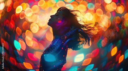Silhouette of woman dancing in vibrant neon lights