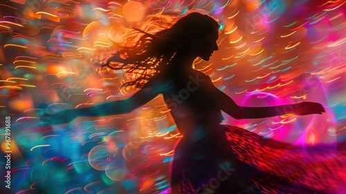 Silhouette of woman dancing in vibrant neon lights