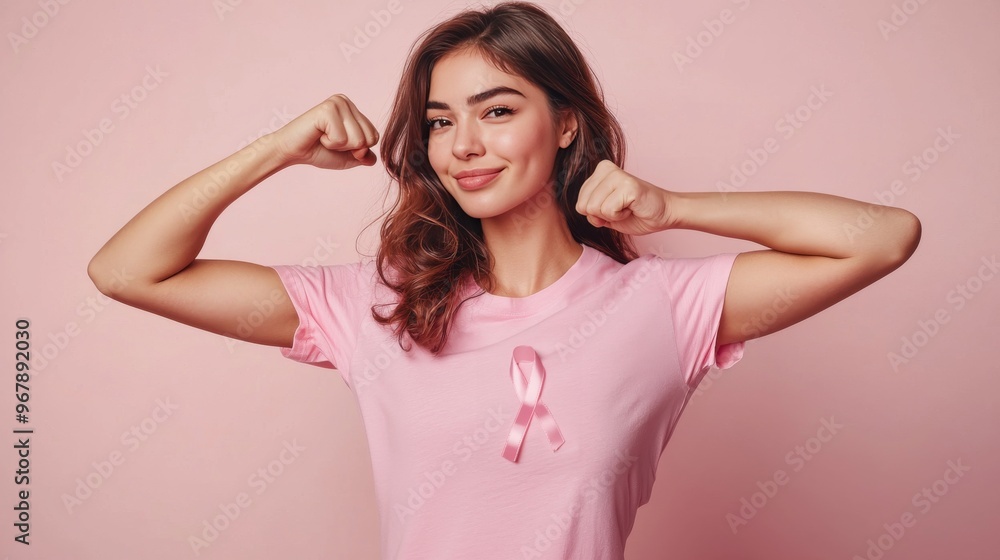 Woman Showing Strength in Pink Shirt with Ribbon Woman Showing Strength in Pink Shirt with Ribbon