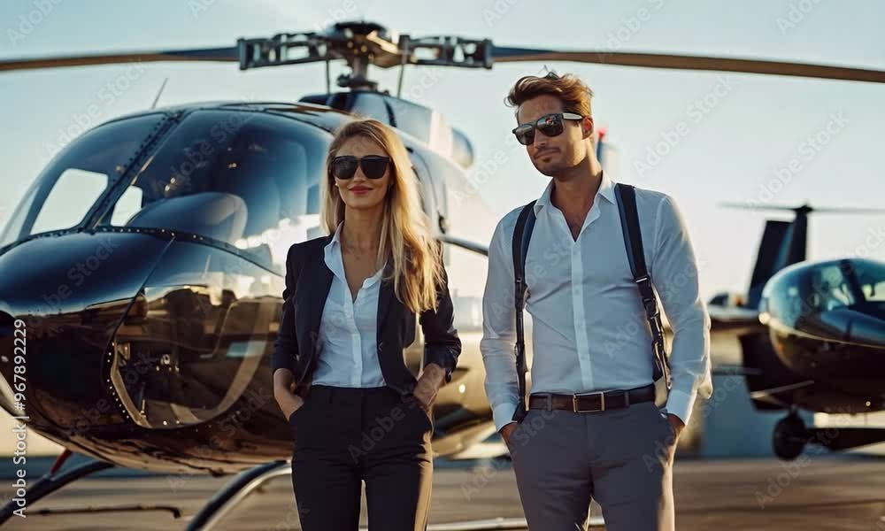 Couple Standing In Front Of A Helicopter Couple Standing In Front Of A Helicopter