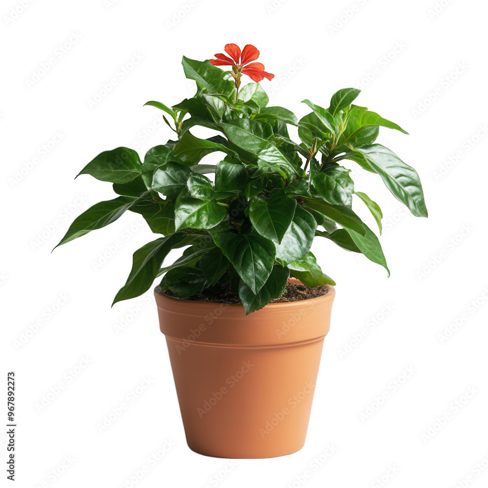 Fototapeta premium A vibrant potted plant with glossy green leaves and a striking red flower.