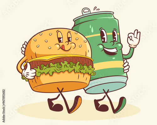 Groovy Burger and Beer Retro Character Illustration. Cartoon Hamburger and Can Walking Smiling Vector Food Mascot Template Happy Vintage Cool Fast Food Rubber Hose Style Drawing Isolated